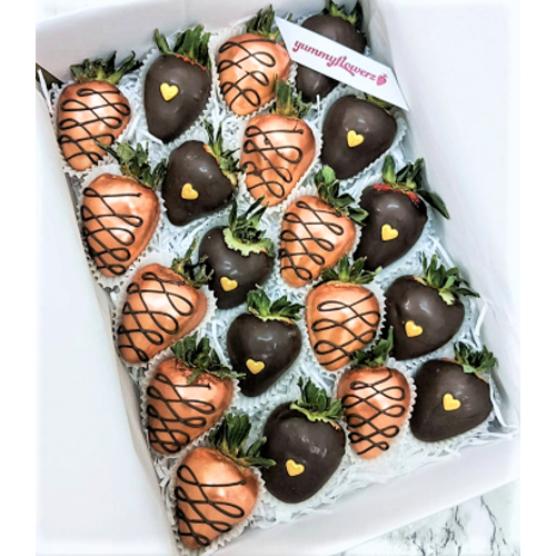 20pcs Bronze x Black Gold Heart Chocolate Strawberries Gift Box (All Dark Chocolate) 